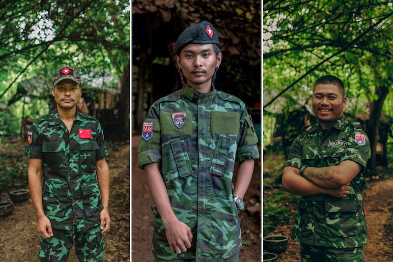 (ဝဲမှယာ) ရဲဘော်ဘာလီ၊ ရဲဘော်လီပိုင်၊ ရဲဘော်ညကို့ တို့ကို ကော်ဘရာစစ်ကြောင်း တပ်စခန်းတစ်ခုတွင် ၂၀၂၄ ခုနှစ် ဇူလိုင်လ ၁၁ ရက်နေ့က တွေ့ရစဉ်။ (Chan Aung/RFA)