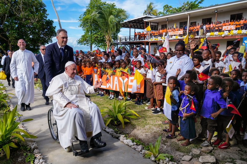 Pope Francis arrives at the Holy Trinity Humanistic School in Baro, near Vanimo, Papua New Guinea, Sept. 8, 2024.