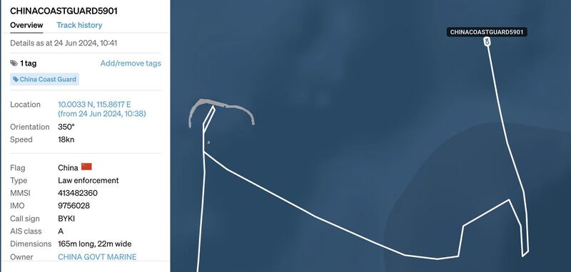 Maritime expert Ray Powell’s X account tracks China Coast Guard ship 5901 as it passed nearby the BRP Sierra Madre at the Second Thomas Shoal, June 23, 2024. (Ray Powell via X)