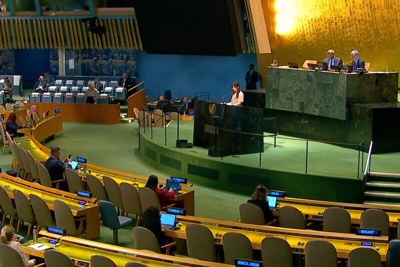 North Korean escapee Gyuri Kang addresses the United Nations General Assembly May 20, 2025.