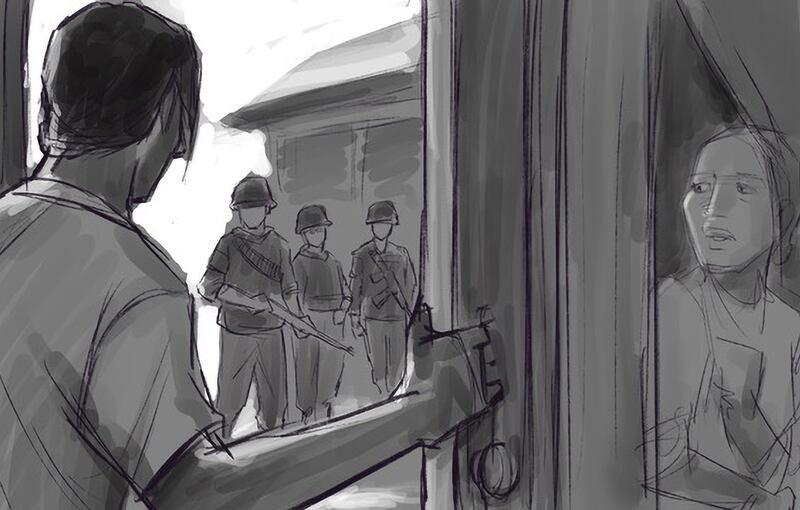 ကိုရဲကိုကိုနဲ့ မသူဇာကို ဖမ်းဆီးရန် နေအိမ်သို့ ရဲနှင့်စစ်သားများ ရောက်လာပုံကို သရုပ်ပြရေးဆွဲထားပုံ။ မသူဇာ ထွက်ပြေးနိုင်ရန် ကိုရဲကိုကိုက အိမ်တံခါးကို အချိန်ဆွဲ၍ ဖွင့်ပေးခဲ့ပြီး နောက်ပိုင်းတွင် ကိုရဲကိုကို ဖမ်းဆီးခံရပြီး စစ်ကြောရေးစခန်း၌ ရိုက်နှက်မေးမြန်းခံခဲ့ရသည်။ (Rebel Pepper/RFA)