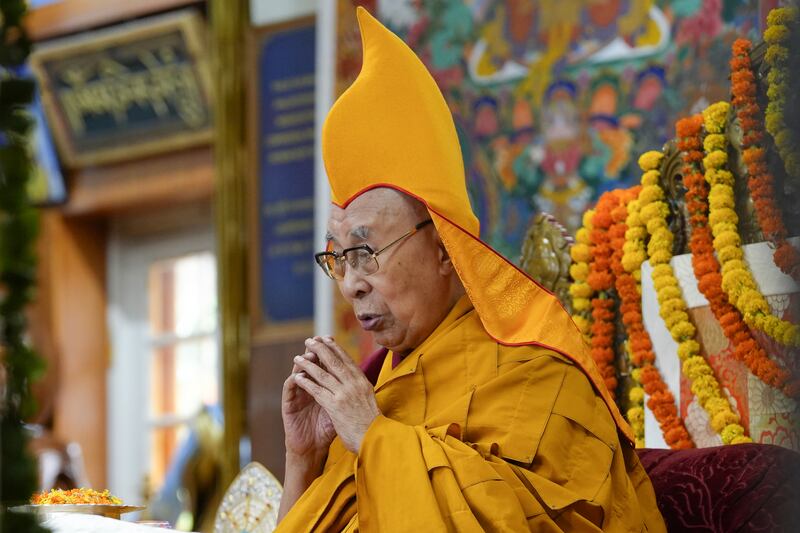 The Dalai Lama attends a Long Life Prayer Offering to him by the Tibetan community at the Main Tibetan Temple in Dharamsala, India, June 4, 2025.
