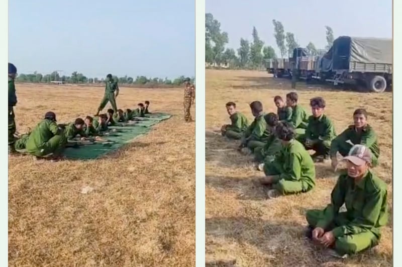 In screenshots from a video, people who appear to be Rohingya Muslims in Rakhine state undergo weapons training by junta military personnel on March 10, 2024. (Citizen journalist)