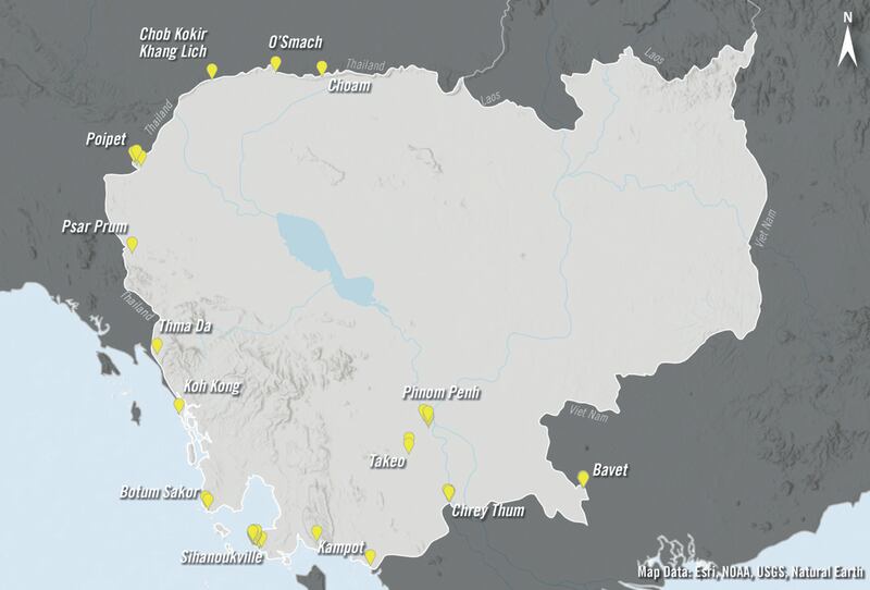 A map showing the 53 scamming compounds in Cambodia documented by Amnesty International.