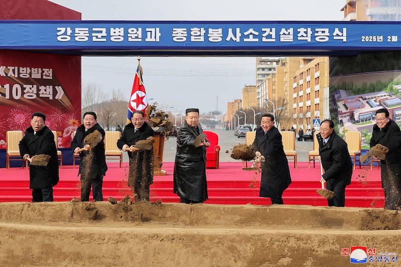North Korean leader Kim Jong Un takes part in the groundbreaking ceremony for the Kangdong County Hospital and General Service Center in Kangdong County, North Korea, February 6, 2025, in this photo released by North Korea's official Korean Central News Agency.    KCNA via REUTERS    ATTENTION EDITORS - THIS IMAGE WAS PROVIDED BY A THIRD PARTY. REUTERS IS UNABLE TO INDEPENDENTLY VERIFY THIS IMAGE. NO THIRD PARTY SALES. SOUTH KOREA OUT. NO COMMERCIAL OR EDITORIAL SALES IN SOUTH KOREA.
