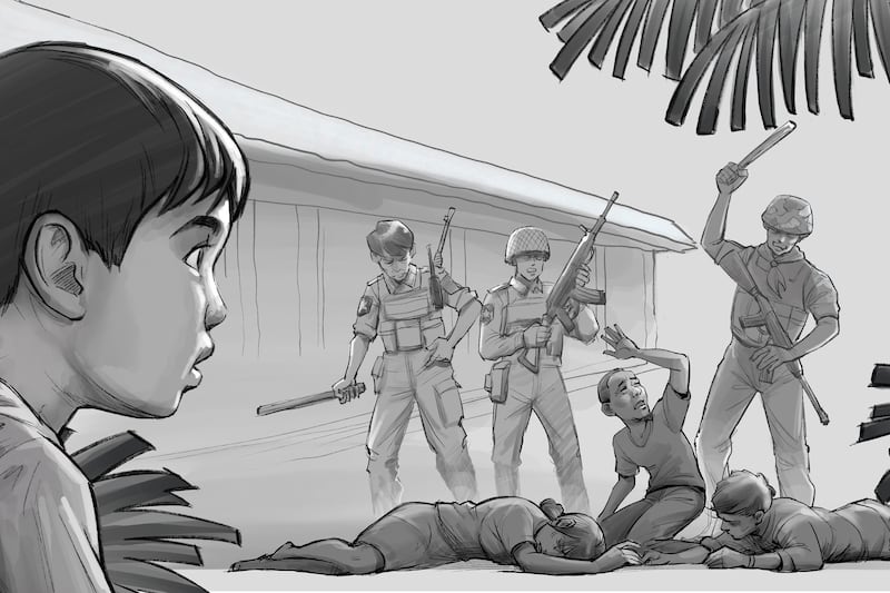 စောကော်၏ဖခင်ကို ဖမ်းဆီးရန်လာသည့် နအဖတပ်သားများက စောကော်၏ မိသားစုသားချင်းများအား နှိပ်စက်ညှဉ်းပန်းနေသည်ကို သရုပ်ဖော်ထားပုံ။ (Rebel Pepper/RFA)