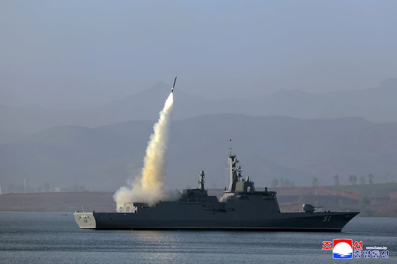 View of what North Korean state media Korea Central News Agency reported was a test-firing of the weapons system of the new “Choe Hyon-class” warship, in this picture released on April 30, 2025.